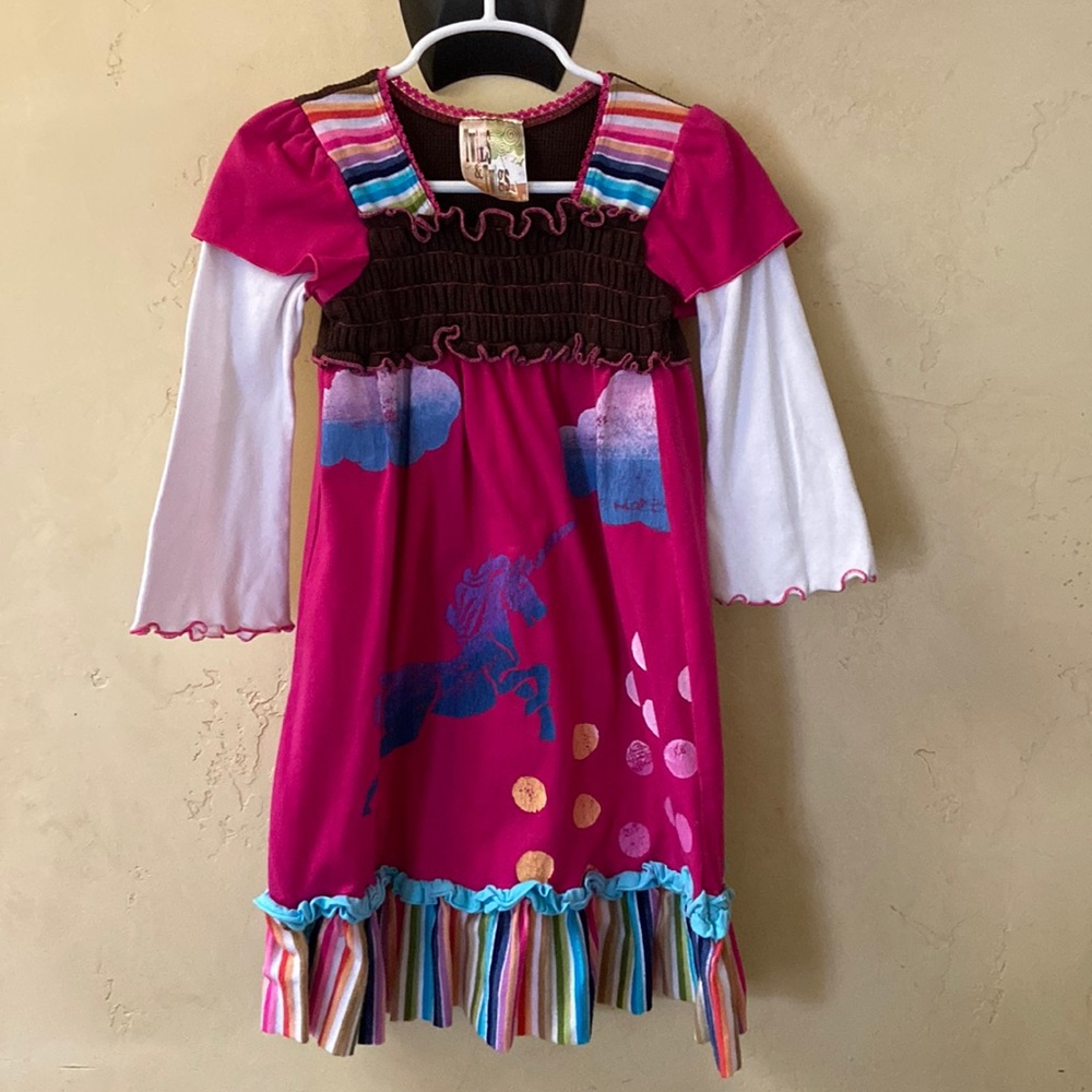 Sz 4 Twirls & Twigs Girl’s Pink and Brown Unicorn Dress Organic Cotton Dress
